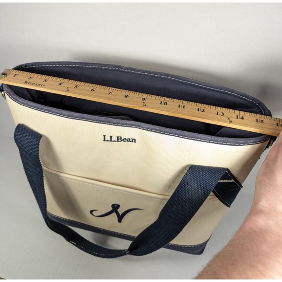 LL Bean Insulated Tote Bag N Monogram Beige Blue Straps Canvas Cooler Beach Camp - Picture 3 of 9